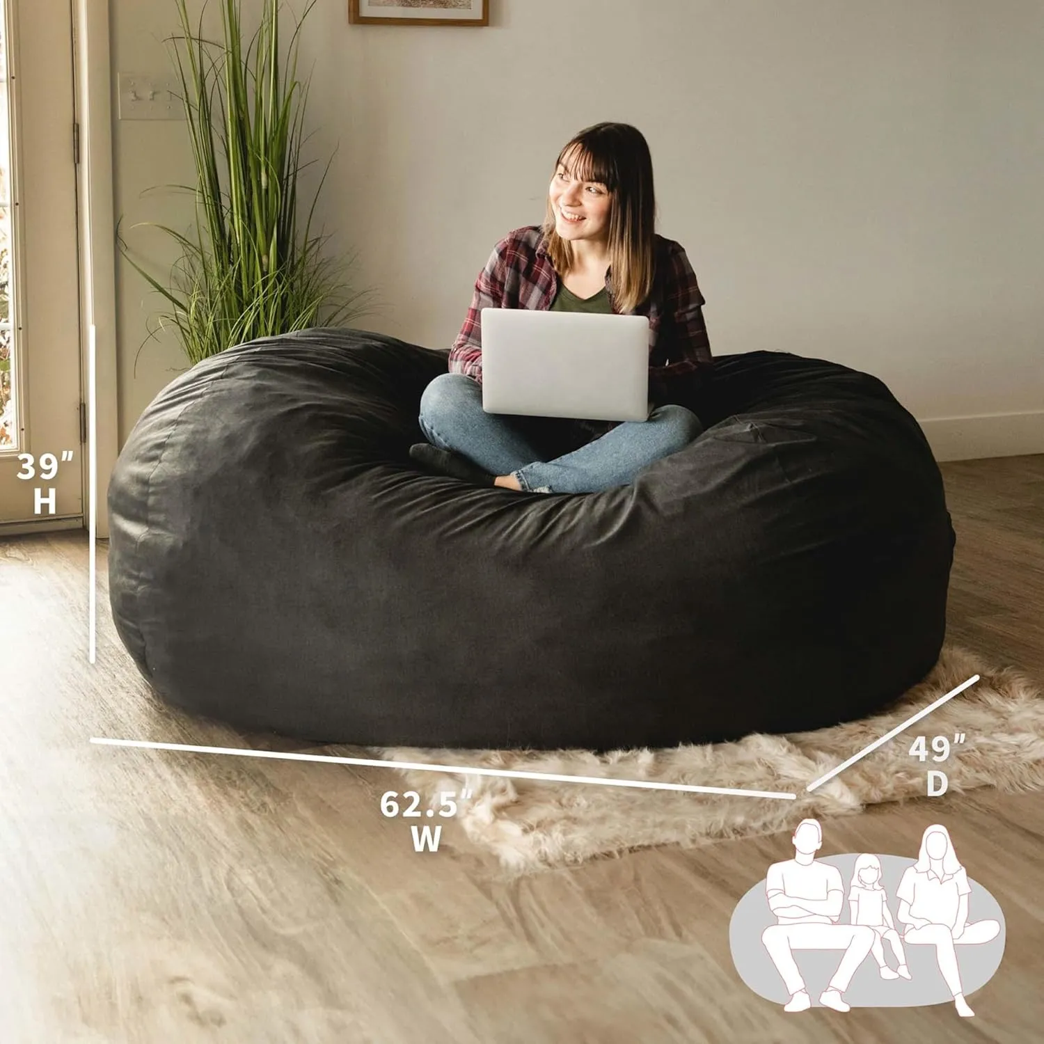 Big Joe Fuf XL Foam Filled Bean Bag Chair with Removable Cover, Black Lenox, Durable Woven Polyester, 5 feet Giant
