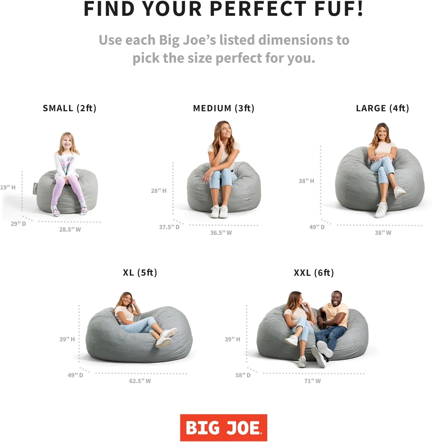 Big Joe Fuf XL Foam Filled Bean Bag Chair with Removable Cover, Black Lenox, Durable Woven Polyester, 5 feet Giant