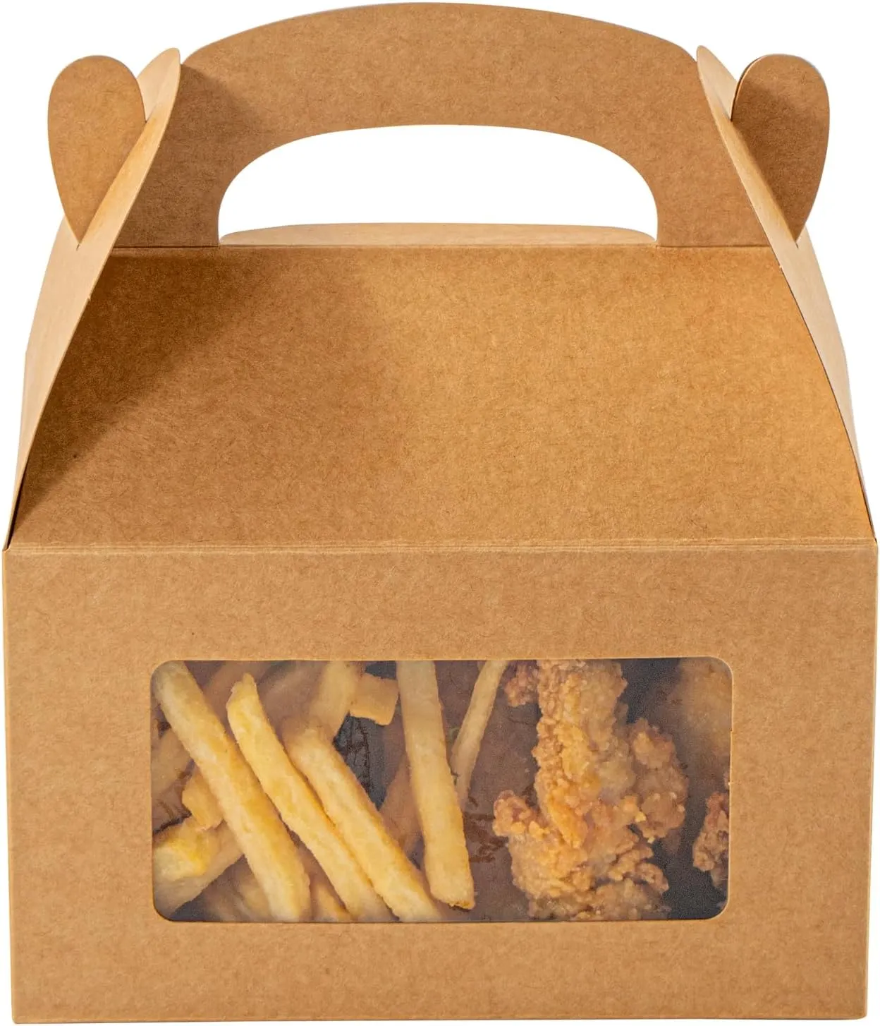 Bio Tek 6 x 3.5 x 3.5 Inch Gable Boxes For Party Favors, 100 Attractive Gift Boxes - Clear PET Window, Built-In Handle, Kraft Paper Gable Boxes, Greaseproof, For Parties