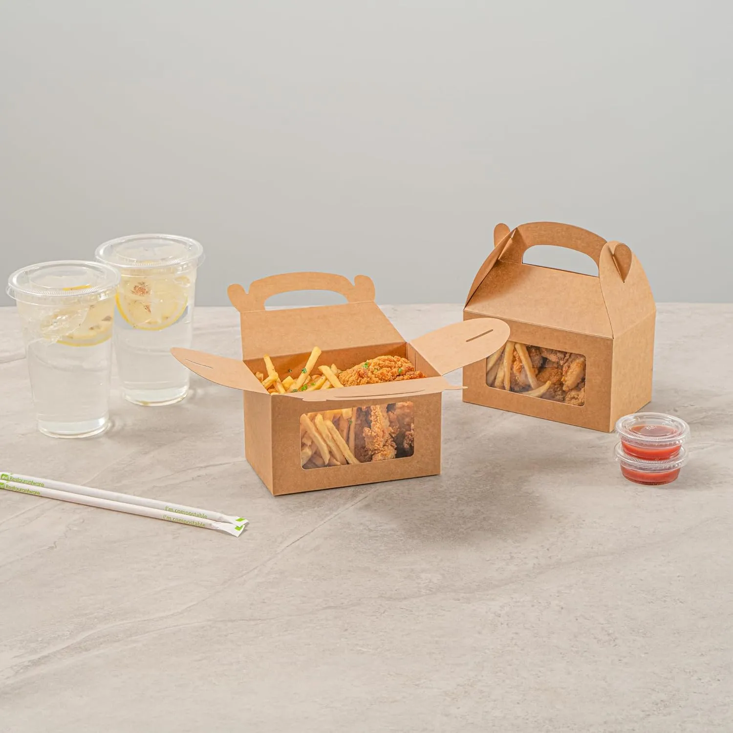 Bio Tek 6 x 3.5 x 3.5 Inch Gable Boxes For Party Favors, 100 Attractive Gift Boxes - Clear PET Window, Built-In Handle, Kraft Paper Gable Boxes, Greaseproof, For Parties