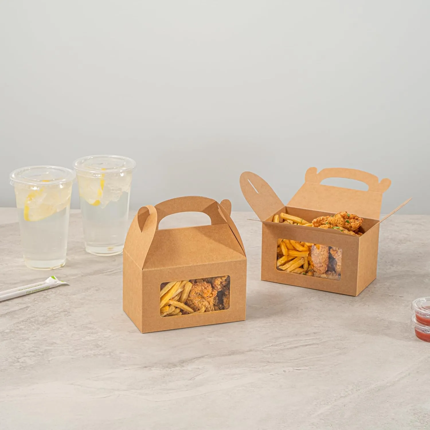 Bio Tek 6 x 3.5 x 3.5 Inch Gable Boxes For Party Favors, 100 Attractive Gift Boxes - Clear PET Window, Built-In Handle, Kraft Paper Gable Boxes, Greaseproof, For Parties