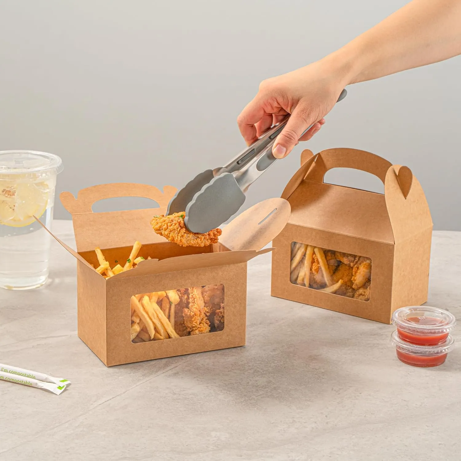 Bio Tek 6 x 3.5 x 3.5 Inch Gable Boxes For Party Favors, 100 Attractive Gift Boxes - Clear PET Window, Built-In Handle, Kraft Paper Gable Boxes, Greaseproof, For Parties