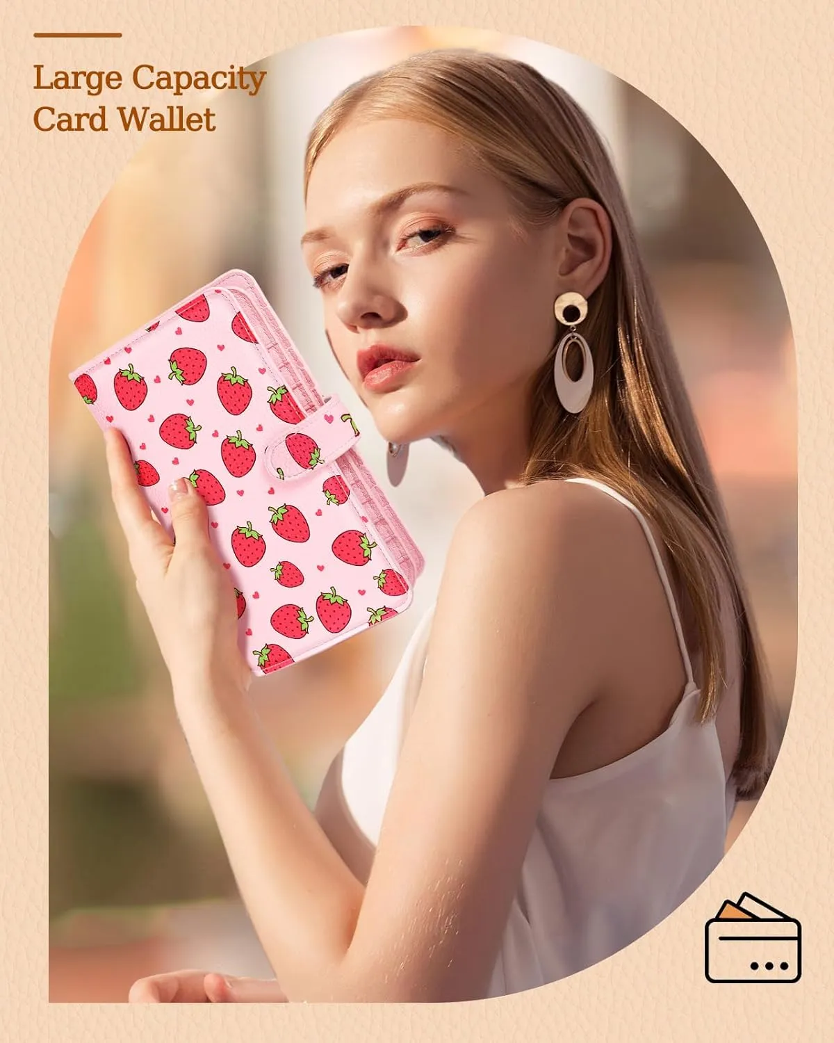 Bistup 【46 Slots Credit Card Holder for Women Ladies Female Teen Girls Rfid Genuine Leather Cardholder Large Capacity Size Big Billfold Wallets Strawberry Cute Girly Aesthetic Print Unique