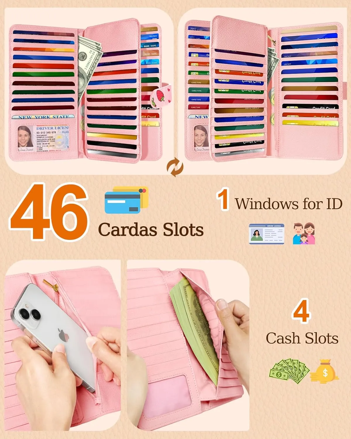Bistup 【46 Slots Credit Card Holder for Women Ladies Female Teen Girls Rfid Genuine Leather Cardholder Large Capacity Size Big Billfold Wallets Strawberry Cute Girly Aesthetic Print Unique