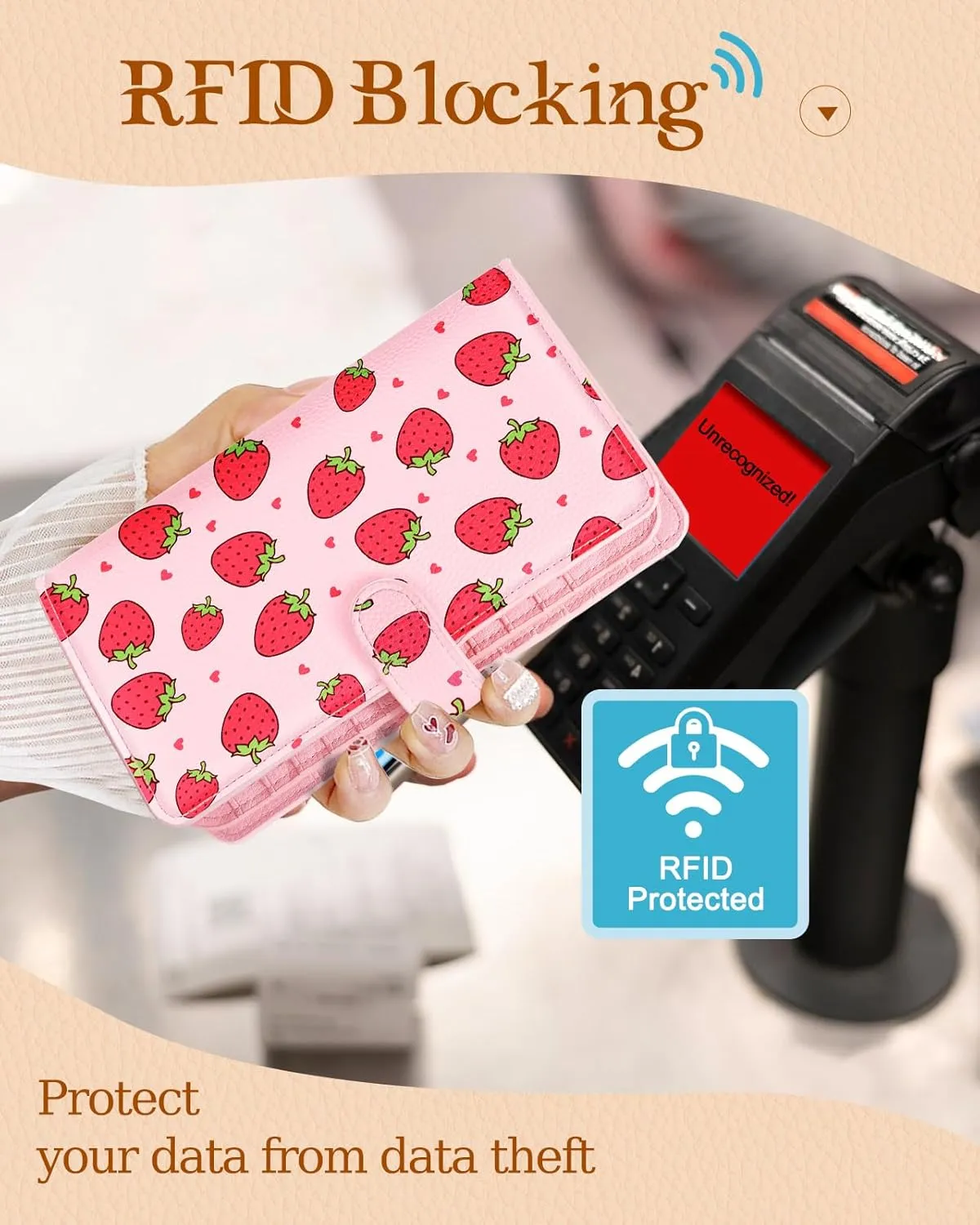Bistup 【46 Slots Credit Card Holder for Women Ladies Female Teen Girls Rfid Genuine Leather Cardholder Large Capacity Size Big Billfold Wallets Strawberry Cute Girly Aesthetic Print Unique