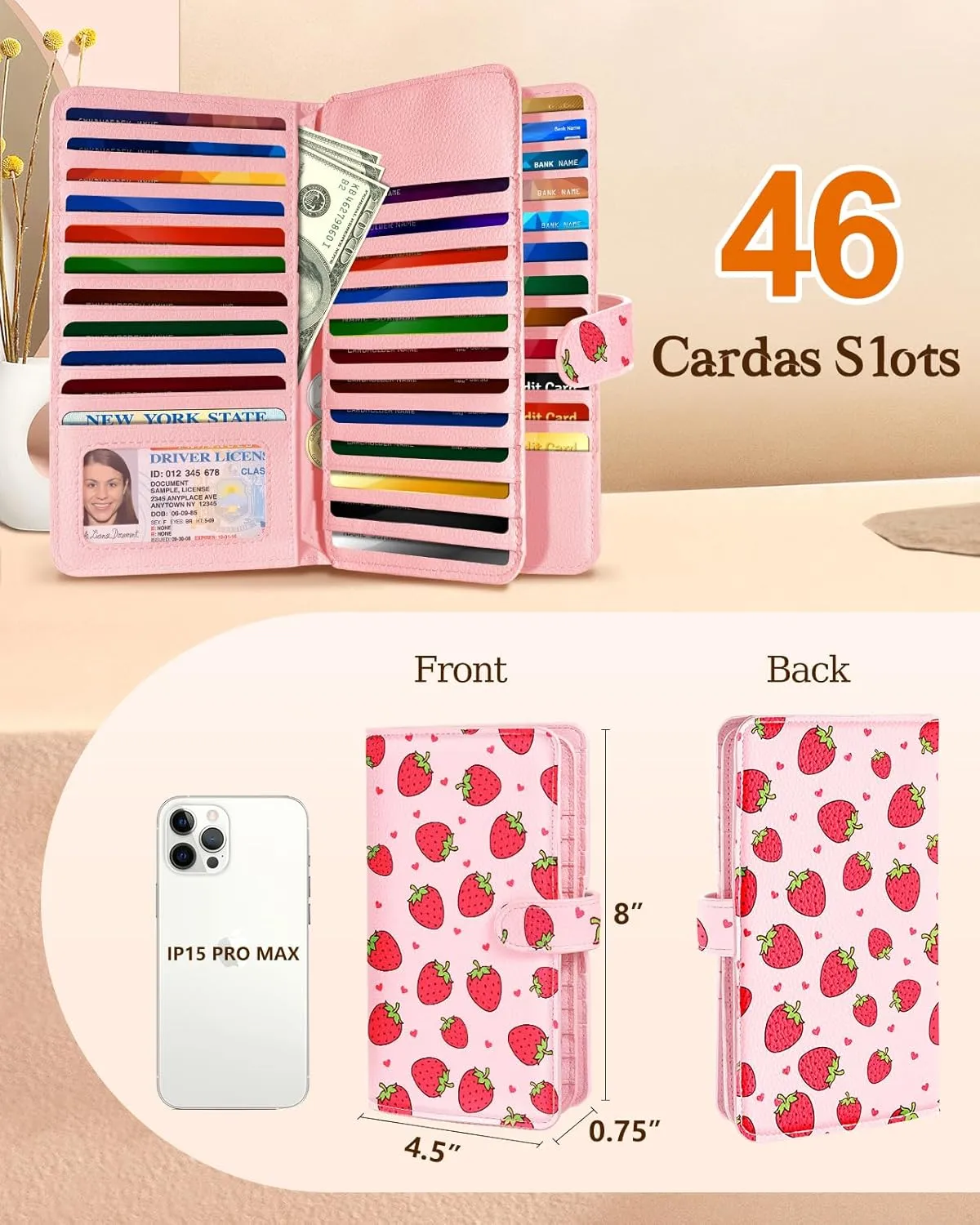 Bistup 【46 Slots Credit Card Holder for Women Ladies Female Teen Girls Rfid Genuine Leather Cardholder Large Capacity Size Big Billfold Wallets Strawberry Cute Girly Aesthetic Print Unique