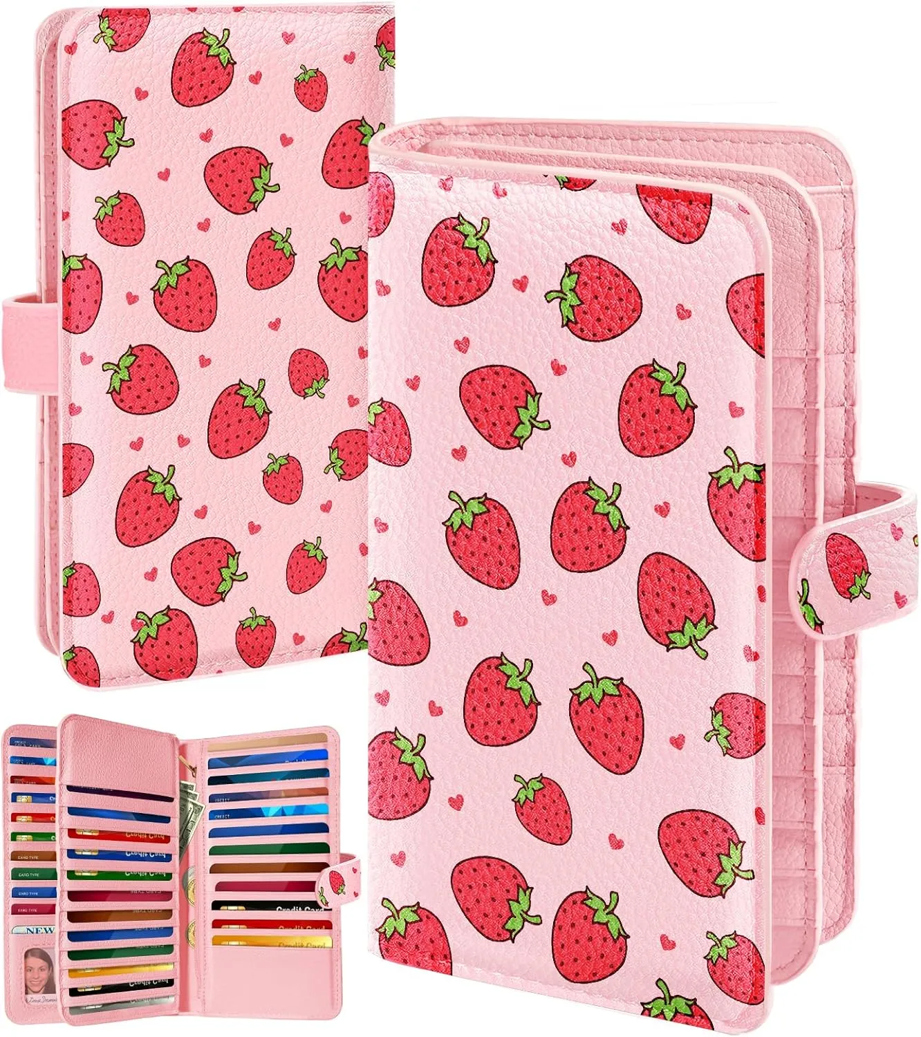 Bistup 【46 Slots Credit Card Holder for Women Ladies Female Teen Girls Rfid Genuine Leather Cardholder Large Capacity Size Big Billfold Wallets Strawberry Cute Girly Aesthetic Print Unique