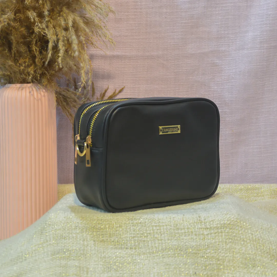 Black Dual Compartment Sling Bag with Black & White Tribal Belt