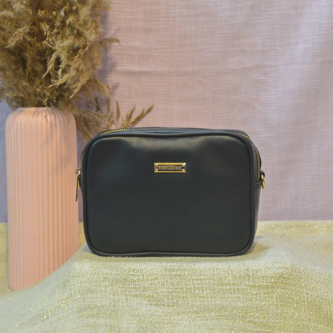 Black Dual Compartment Sling Bag with Black Tribal Belt
