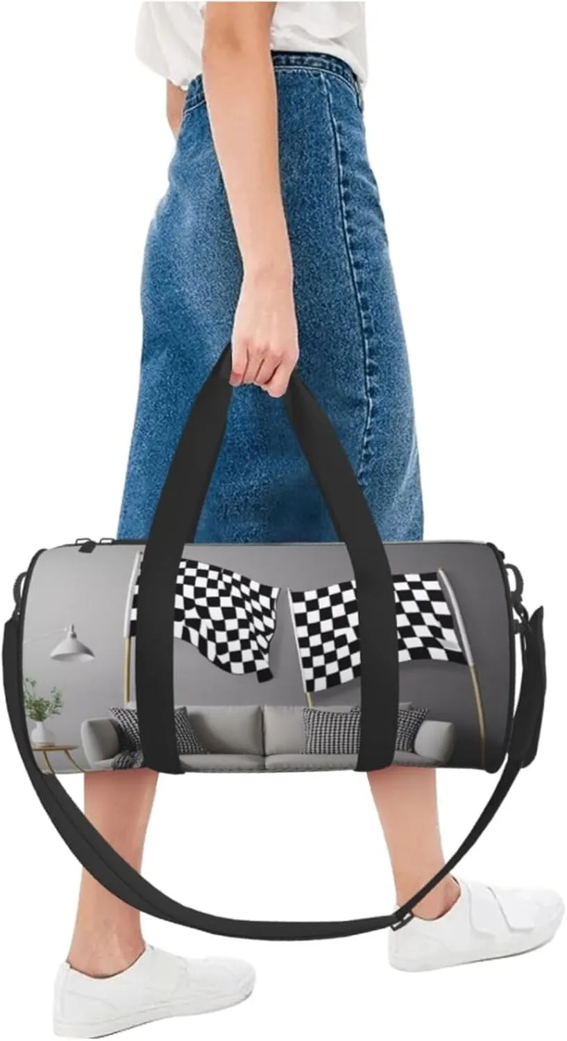 Black White Formula Checkered Flags Pattern Printed Travel Bag,Round Personal Item Storage bag,Foldie Duffel Bag for Traveling Vacation,Fitness,Sports