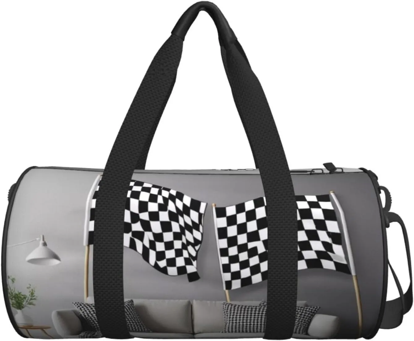 Black White Formula Checkered Flags Pattern Printed Travel Bag,Round Personal Item Storage bag,Foldie Duffel Bag for Traveling Vacation,Fitness,Sports