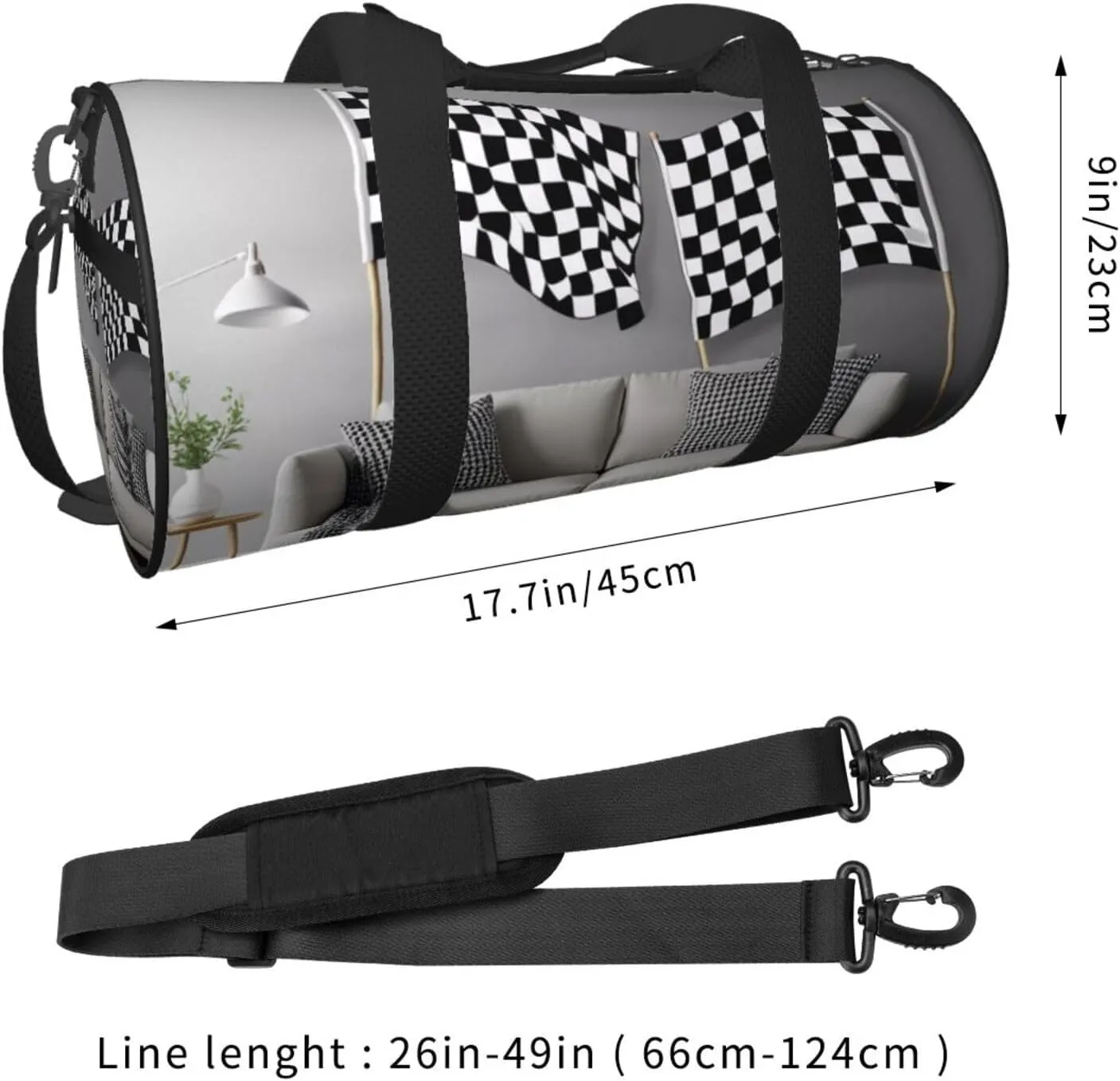 Black White Formula Checkered Flags Pattern Printed Travel Bag,Round Personal Item Storage bag,Foldie Duffel Bag for Traveling Vacation,Fitness,Sports