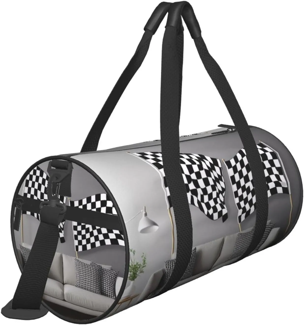 Black White Formula Checkered Flags Pattern Printed Travel Bag,Round Personal Item Storage bag,Foldie Duffel Bag for Traveling Vacation,Fitness,Sports