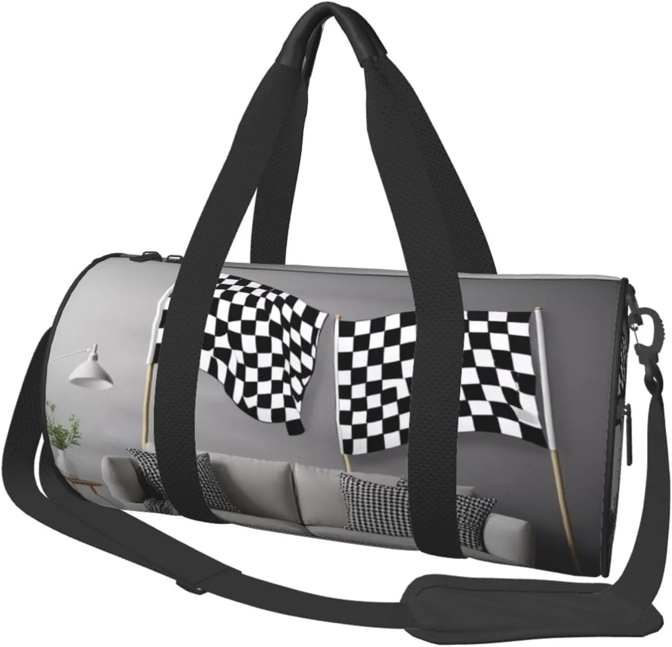 Black White Formula Checkered Flags Pattern Printed Travel Bag,Round Personal Item Storage bag,Foldie Duffel Bag for Traveling Vacation,Fitness,Sports