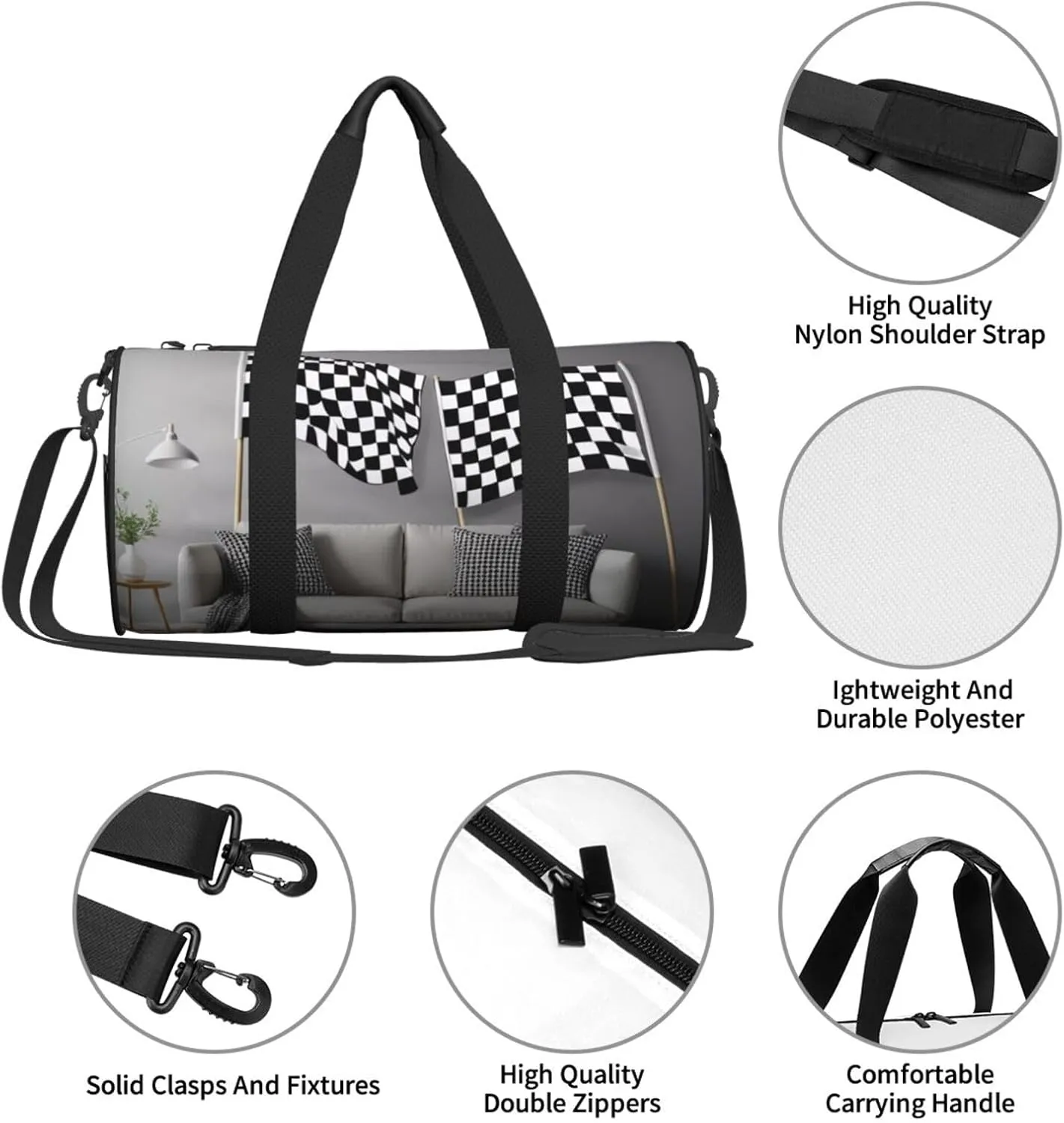 Black White Formula Checkered Flags Pattern Printed Travel Bag,Round Personal Item Storage bag,Foldie Duffel Bag for Traveling Vacation,Fitness,Sports