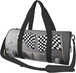 Black White Formula Checkered Flags Pattern Printed Travel Bag,Round Personal Item Storage bag,Foldie Duffel Bag for Traveling Vacation,Fitness,Sports