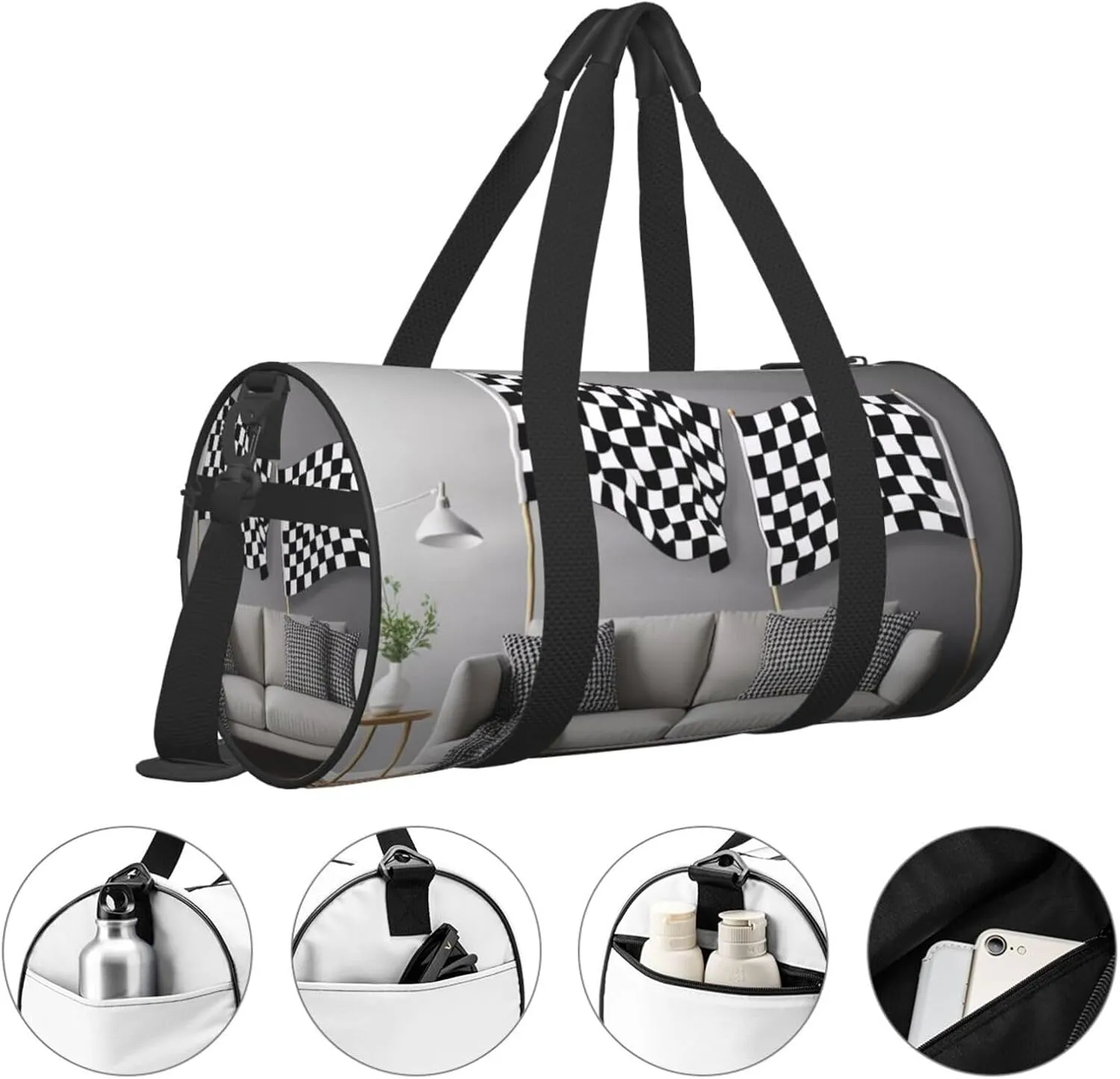 Black White Formula Checkered Flags Pattern Printed Travel Bag,Round Personal Item Storage bag,Foldie Duffel Bag for Traveling Vacation,Fitness,Sports