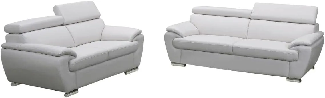 Blackjack Furniture 4571 Veal Collection 2 Piece Genuine Leather Sofa Set for Living Room, Modern Couch and Loveseat with Lumbar Support and Large Adjustable Headrests, 2 3 Seater, White