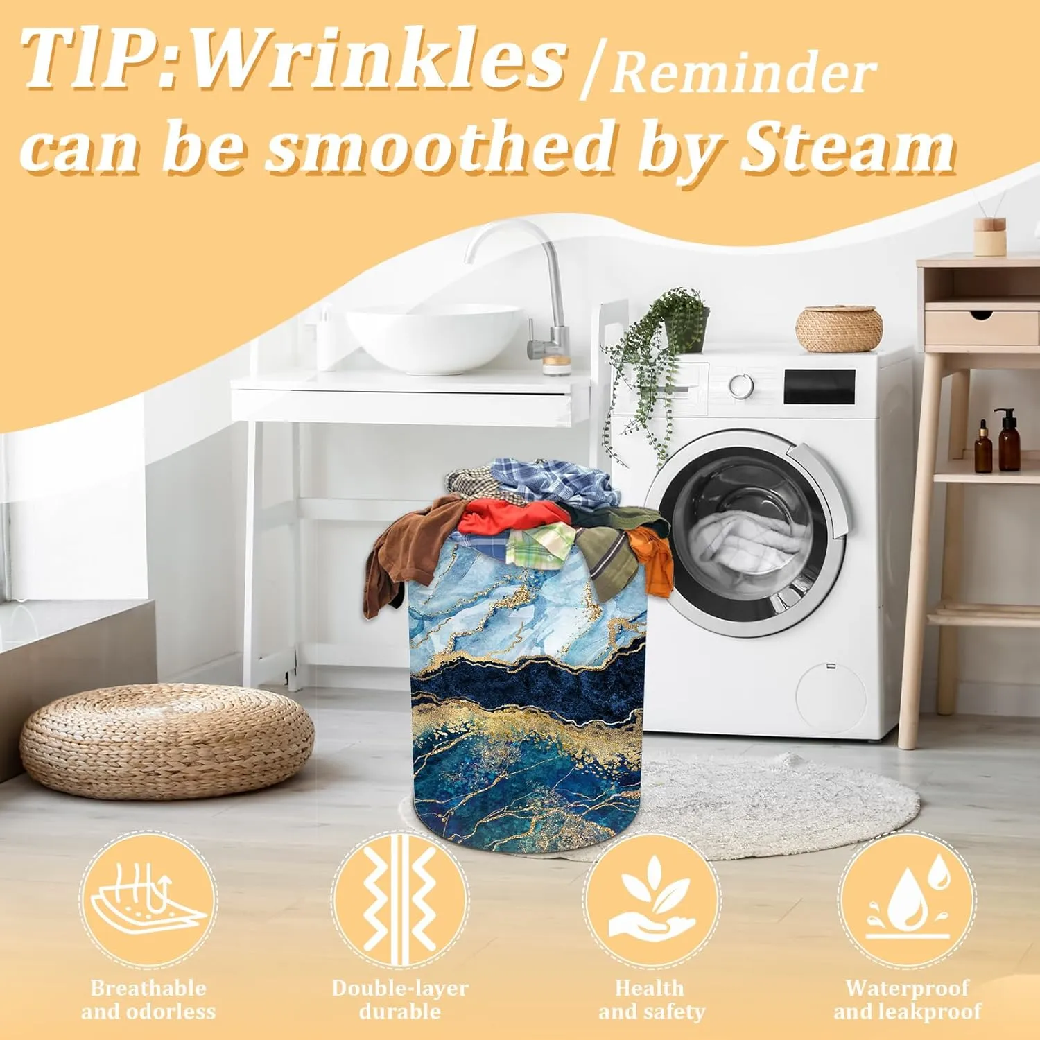 Blue Gold Marble Laundry Basket, Foldable Waterproof Oxford Cloth Laundry Hamper Funny Tote Bag Dirty Clothes Storage Bucket Toy Organizer for Bathroom/Laundry/Bedroom 15.7"x19.6"