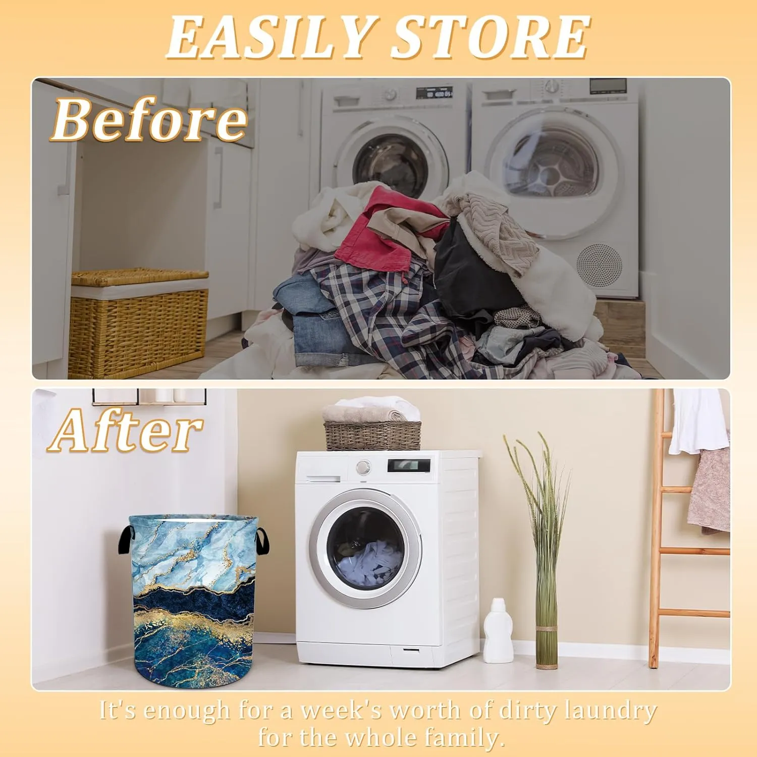 Blue Gold Marble Laundry Basket, Foldable Waterproof Oxford Cloth Laundry Hamper Funny Tote Bag Dirty Clothes Storage Bucket Toy Organizer for Bathroom/Laundry/Bedroom 15.7"x19.6"