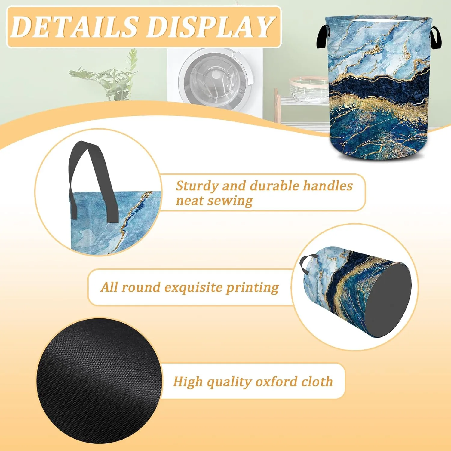 Blue Gold Marble Laundry Basket, Foldable Waterproof Oxford Cloth Laundry Hamper Funny Tote Bag Dirty Clothes Storage Bucket Toy Organizer for Bathroom/Laundry/Bedroom 15.7"x19.6"