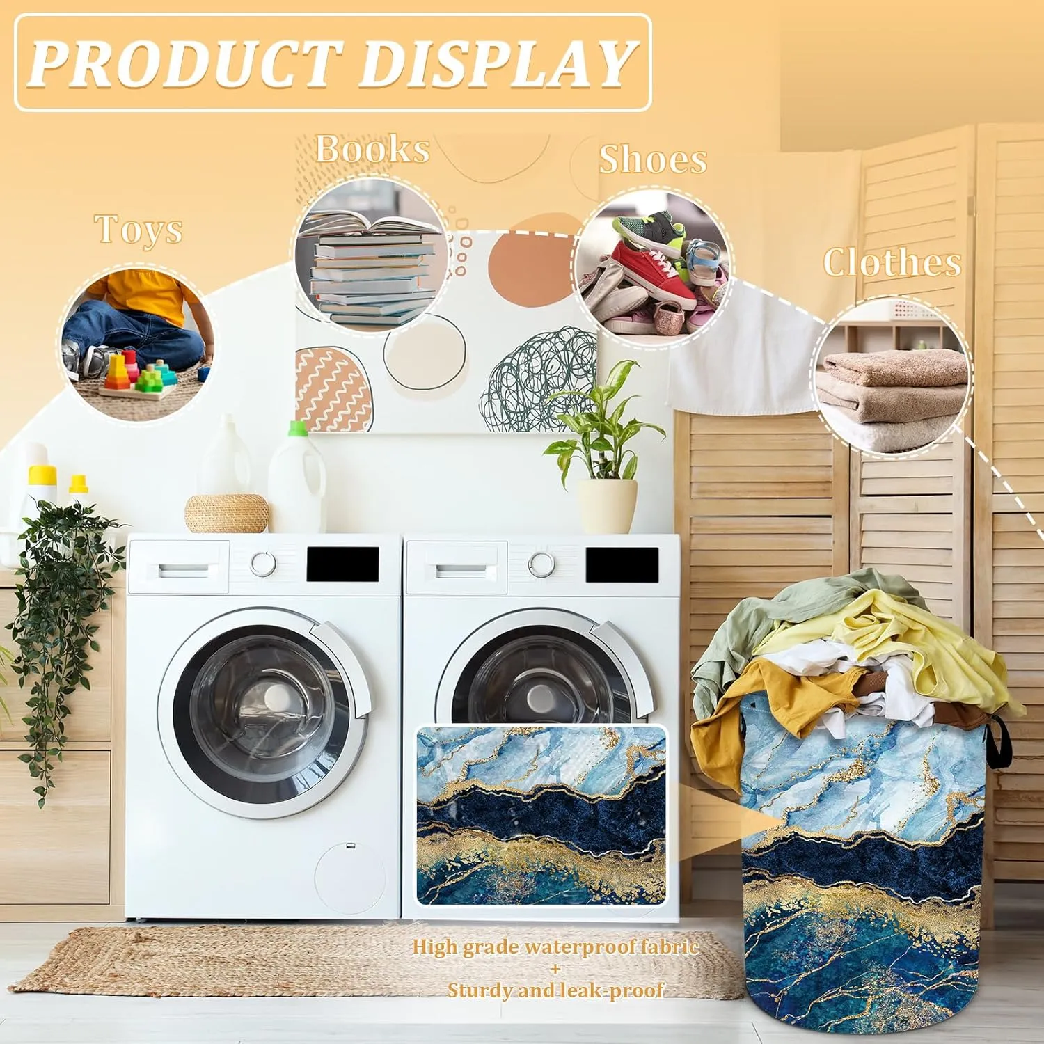 Blue Gold Marble Laundry Basket, Foldable Waterproof Oxford Cloth Laundry Hamper Funny Tote Bag Dirty Clothes Storage Bucket Toy Organizer for Bathroom/Laundry/Bedroom 15.7"x19.6"