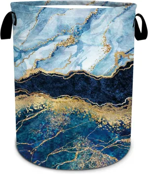 Blue Gold Marble Laundry Basket, Foldable Waterproof Oxford Cloth Laundry Hamper Funny Tote Bag Dirty Clothes Storage Bucket Toy Organizer for Bathroom/Laundry/Bedroom 15.7"x19.6"