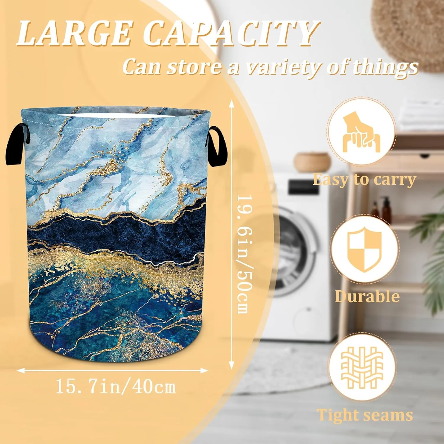 Blue Gold Marble Laundry Basket, Foldable Waterproof Oxford Cloth Laundry Hamper Funny Tote Bag Dirty Clothes Storage Bucket Toy Organizer for Bathroom/Laundry/Bedroom 15.7"x19.6"