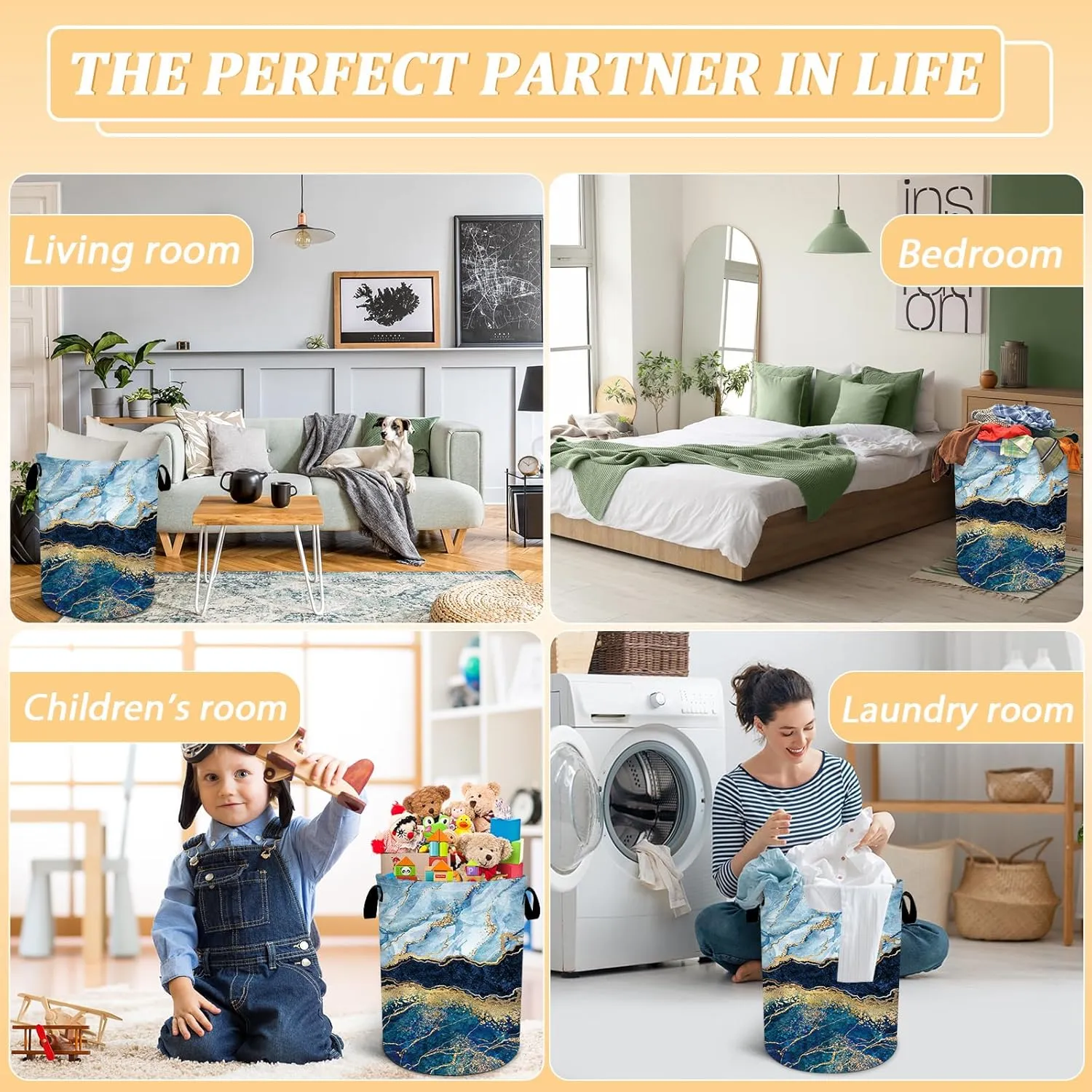 Blue Gold Marble Laundry Basket, Foldable Waterproof Oxford Cloth Laundry Hamper Funny Tote Bag Dirty Clothes Storage Bucket Toy Organizer for Bathroom/Laundry/Bedroom 15.7"x19.6"