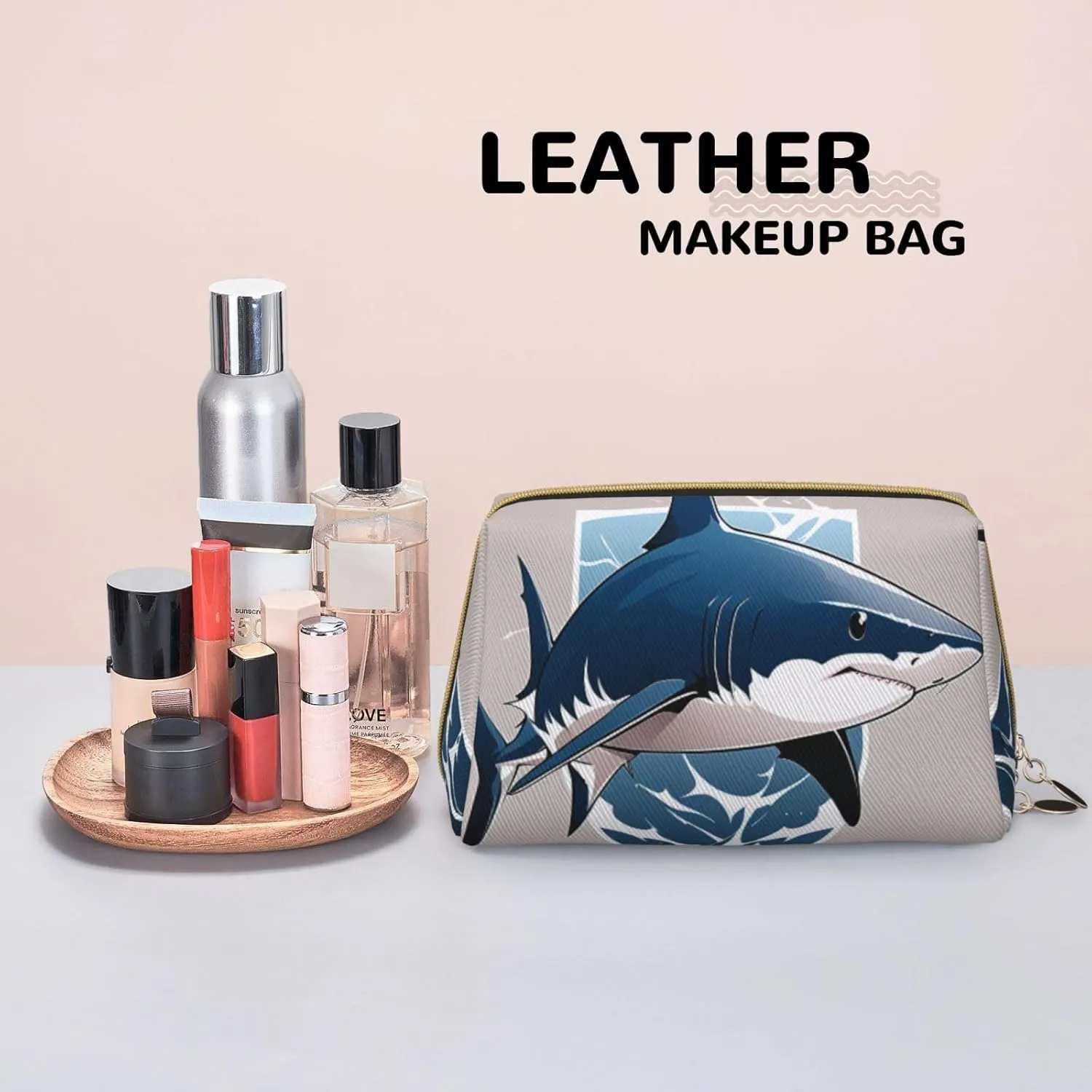 Blue Shark Printed Small Makeup Bag,Travel Cosmetic Bag Purse with Zipper,Water-resistant Makeup Organizer Bag for Women