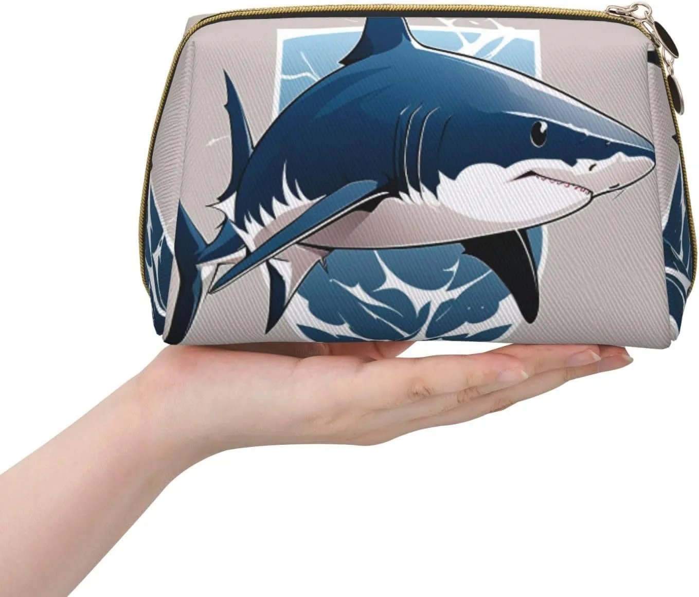 Blue Shark Printed Small Makeup Bag,Travel Cosmetic Bag Purse with Zipper,Water-resistant Makeup Organizer Bag for Women