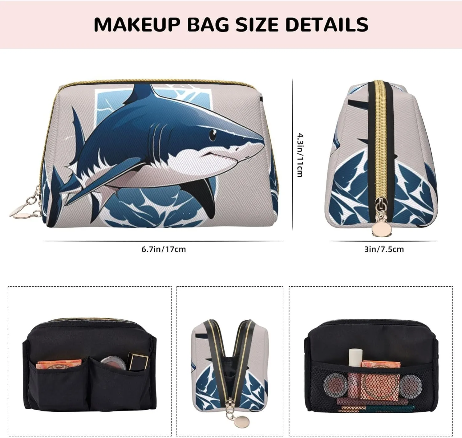 Blue Shark Printed Small Makeup Bag,Travel Cosmetic Bag Purse with Zipper,Water-resistant Makeup Organizer Bag for Women