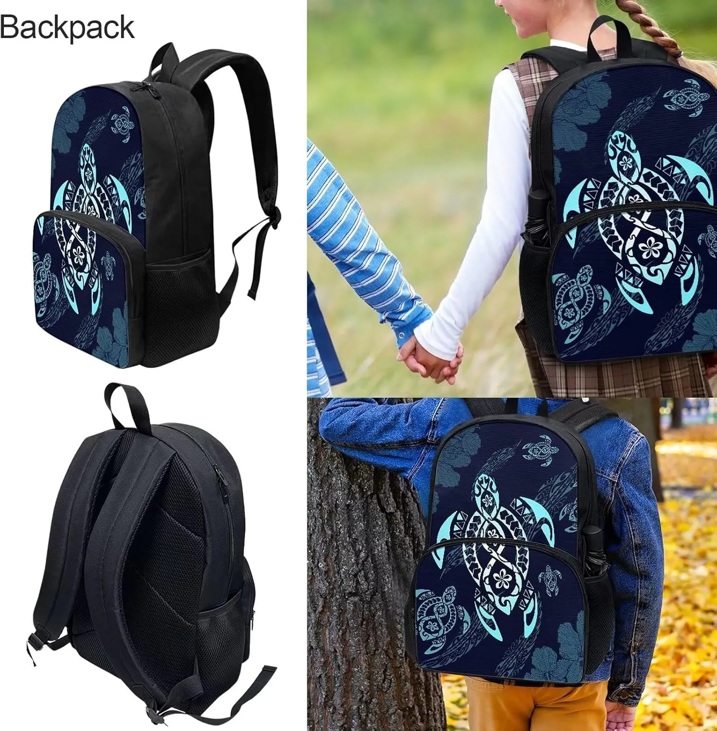 Blue Tropical Turtle Tribe Backpack Lunch Bag for Kids Elementary School Bag Bookbag and Messager Bag Pencil Case Set