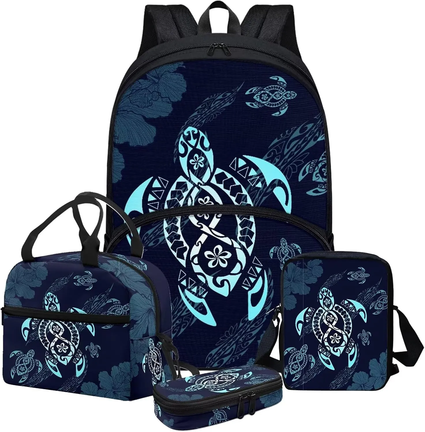 Blue Tropical Turtle Tribe Backpack Lunch Bag for Kids Elementary School Bag Bookbag and Messager Bag Pencil Case Set