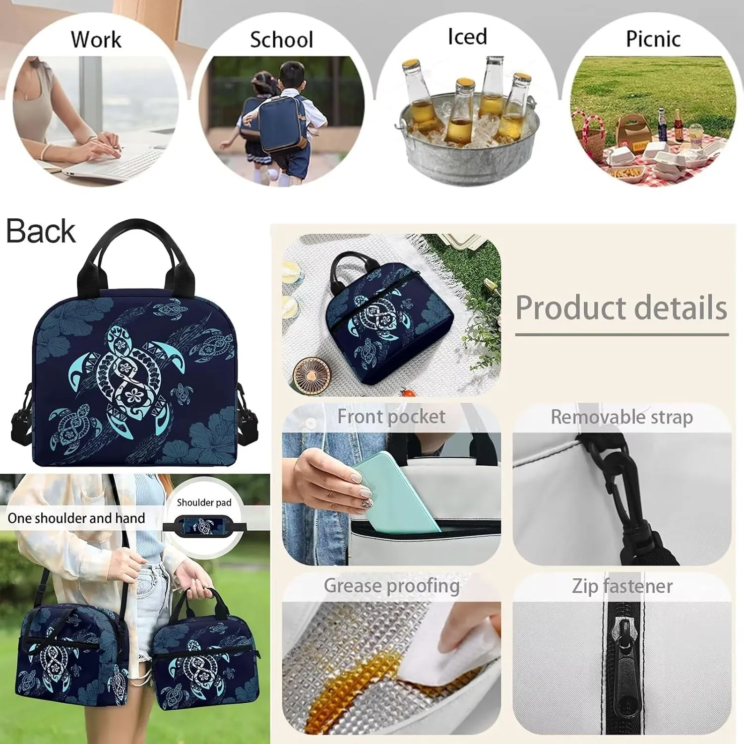 Blue Tropical Turtle Tribe Backpack Lunch Bag for Kids Elementary School Bag Bookbag and Messager Bag Pencil Case Set