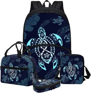 Blue Tropical Turtle Tribe Backpack Lunch Bag for Kids Elementary School Bag Bookbag and Messager Bag Pencil Case Set