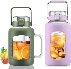 BLUEGO 64oz and 84oz Glass Water Bottles Bundle(64 Olive   84 Purple) with Straw and Lids Handle Large Water Tumbler with Sleeve, Glass Water Container, 2 Liter Water Jug Glass, BPA Free