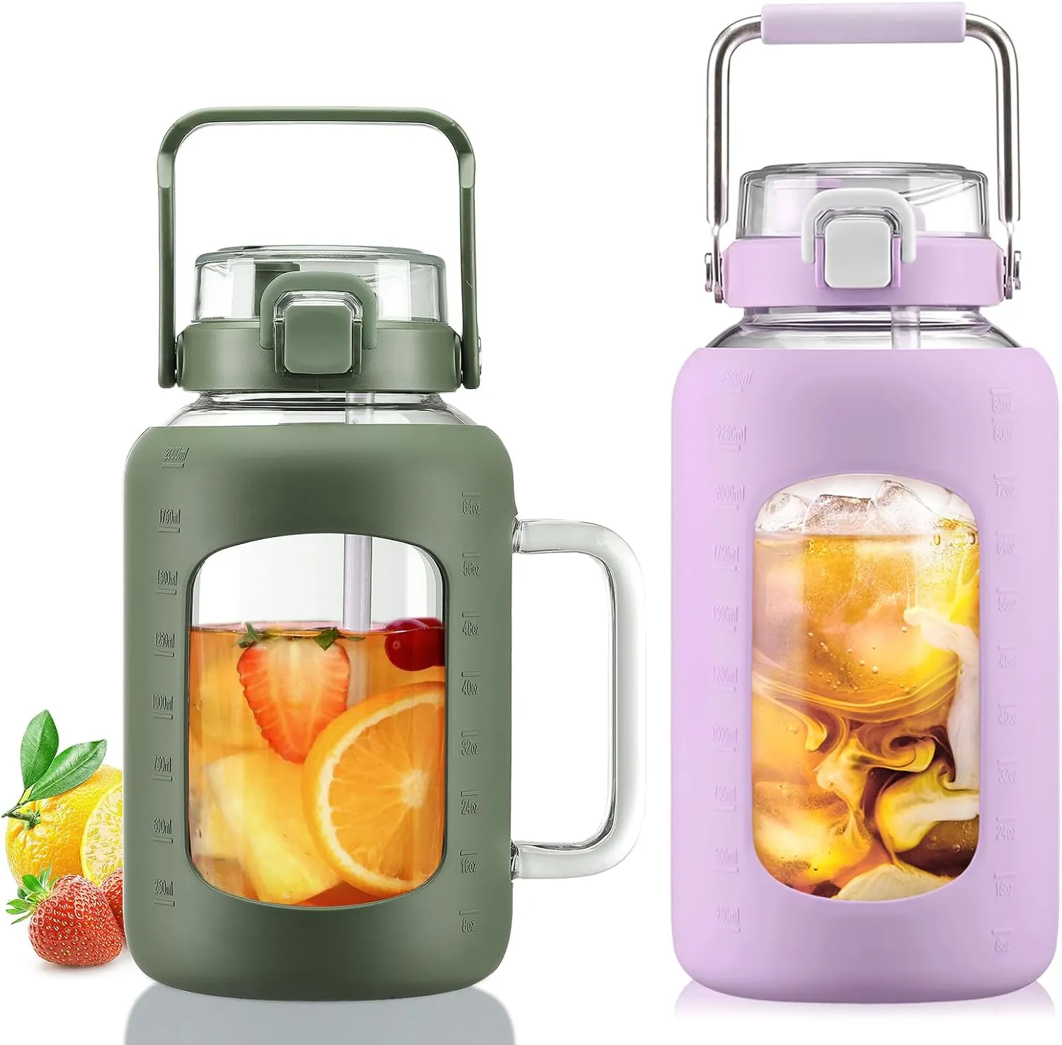 BLUEGO 64oz and 84oz Glass Water Bottles Bundle(64 Olive   84 Purple) with Straw and Lids Handle Large Water Tumbler with Sleeve, Glass Water Container, 2 Liter Water Jug Glass, BPA Free