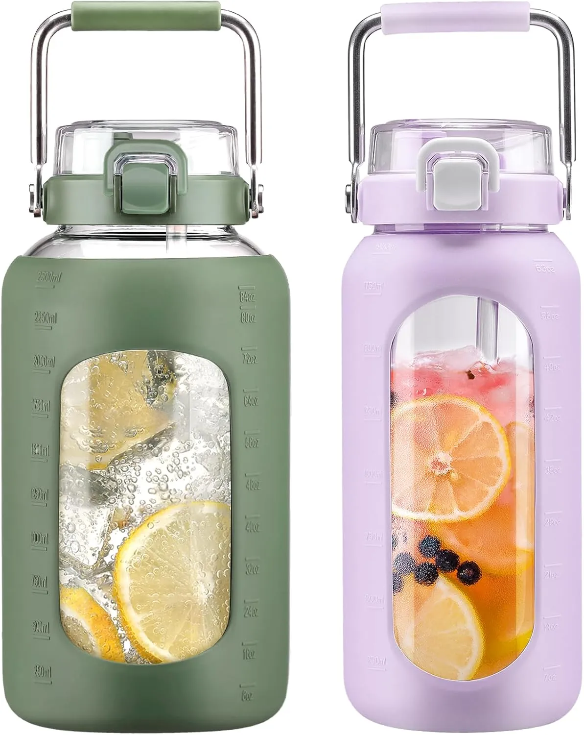 BLUEGO 84oz and 64oz Glass Water Bottles Bundle(84 Olive   64 Purple) with Straw and Stainless Steel Handle, Large Water Bottle with Sleeve, Half Gallon Water Jug, Glass Water Container, BPA Free