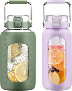 BLUEGO 84oz and 64oz Glass Water Bottles Bundle(84 Olive   64 Purple) with Straw and Stainless Steel Handle, Large Water Bottle with Sleeve, Half Gallon Water Jug, Glass Water Container, BPA Free