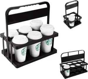 Bodaon 6 Cup Drink Carrier with Handle, Plastic Cup Carriers for Drinks, Drink Holder for Car, GrubHub/Eats Doordash Accessories, Portable Foldable Reusable Mobile, Use for Food Delivery Bag, Black