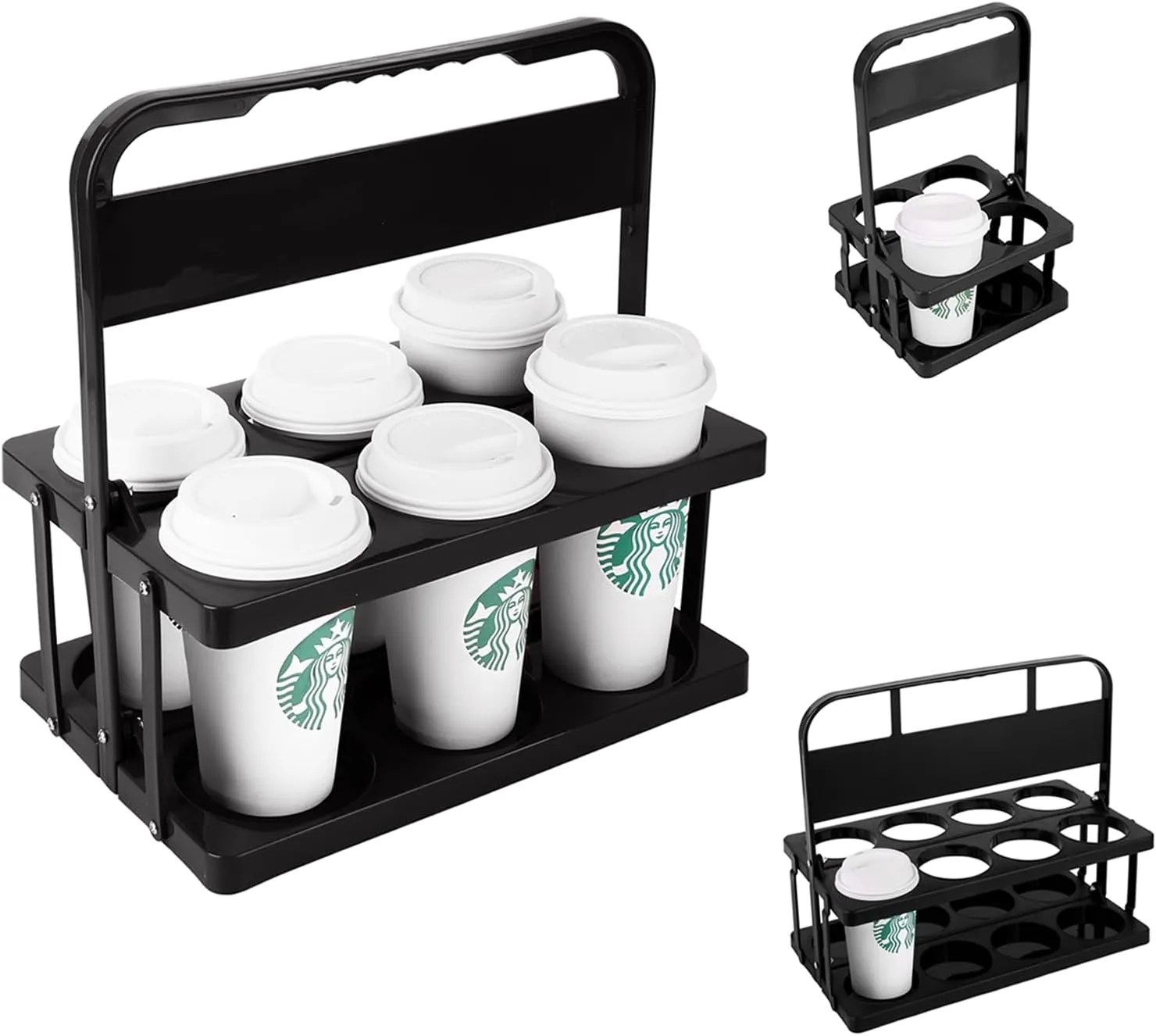 Bodaon 6 Cup Drink Carrier with Handle, Plastic Cup Carriers for Drinks, Drink Holder for Car, GrubHub/Eats Doordash Accessories, Portable Foldable Reusable Mobile, Use for Food Delivery Bag, Black