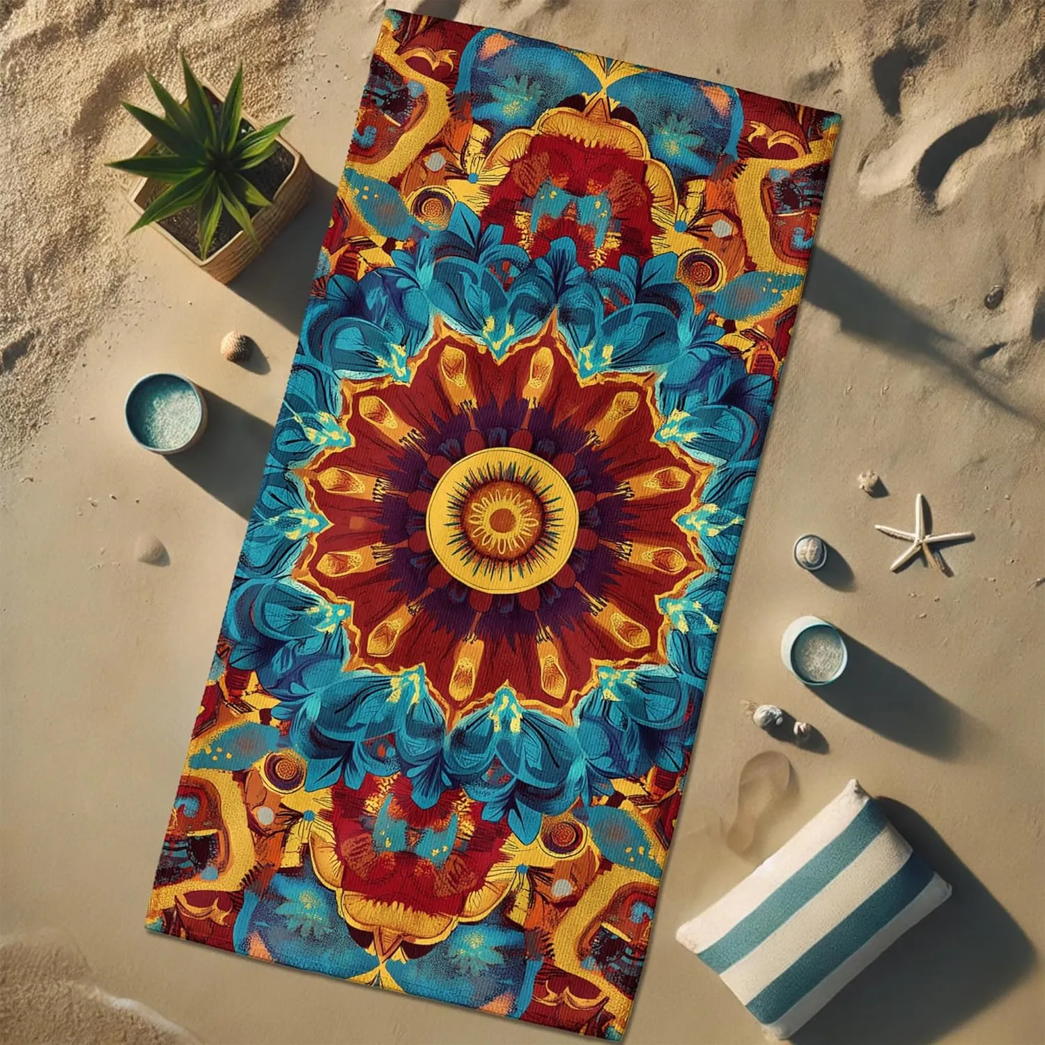 Bohemian Mandala Microfiber Beach Towel Stunning Jewel Tone Floral Print Quick Dry Lightweight Sand Free Bath Towel, Outdoor Travel Picnic Essentials 62x31 Inch