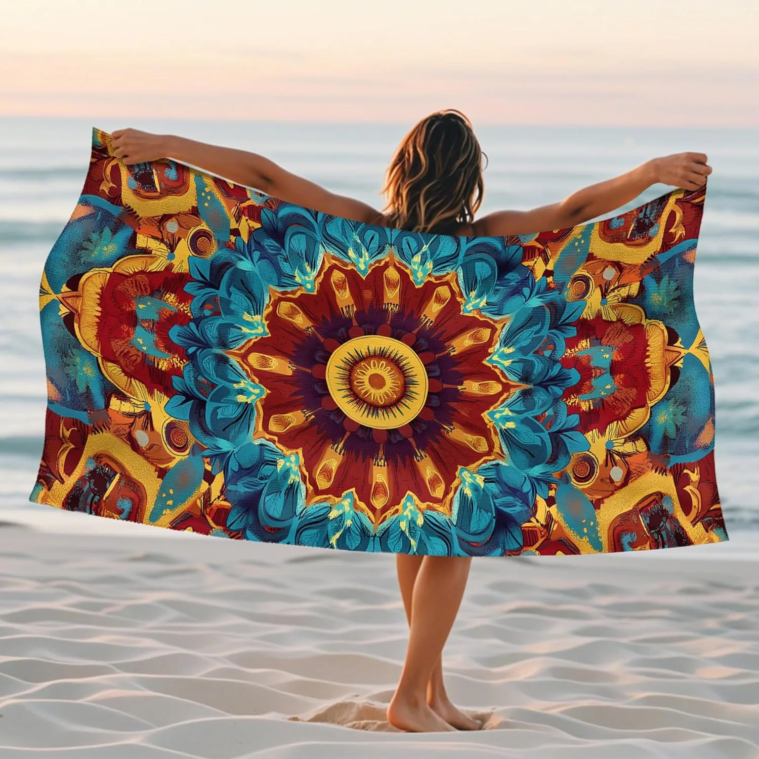 Bohemian Mandala Microfiber Beach Towel Stunning Jewel Tone Floral Print Quick Dry Lightweight Sand Free Bath Towel, Outdoor Travel Picnic Essentials 62x31 Inch