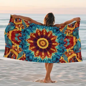 Bohemian Mandala Microfiber Beach Towel Stunning Jewel Tone Floral Print Quick Dry Lightweight Sand Free Bath Towel, Outdoor Travel Picnic Essentials 62x31 Inch