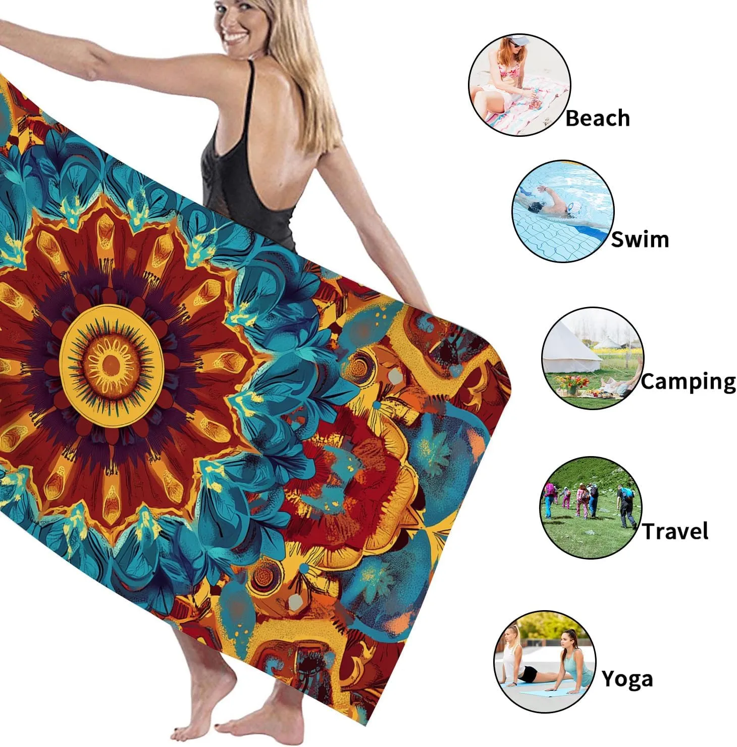 Bohemian Mandala Microfiber Beach Towel Stunning Jewel Tone Floral Print Quick Dry Lightweight Sand Free Bath Towel, Outdoor Travel Picnic Essentials 62x31 Inch