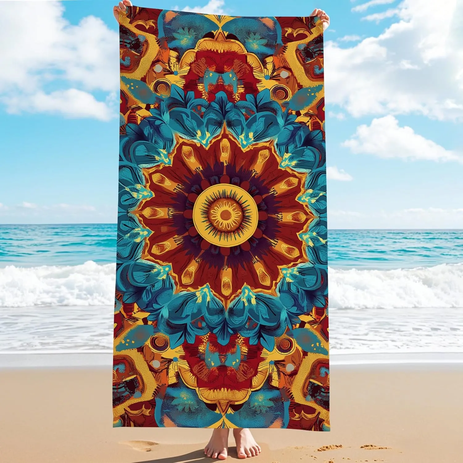 Bohemian Mandala Microfiber Beach Towel Stunning Jewel Tone Floral Print Quick Dry Lightweight Sand Free Bath Towel, Outdoor Travel Picnic Essentials 62x31 Inch