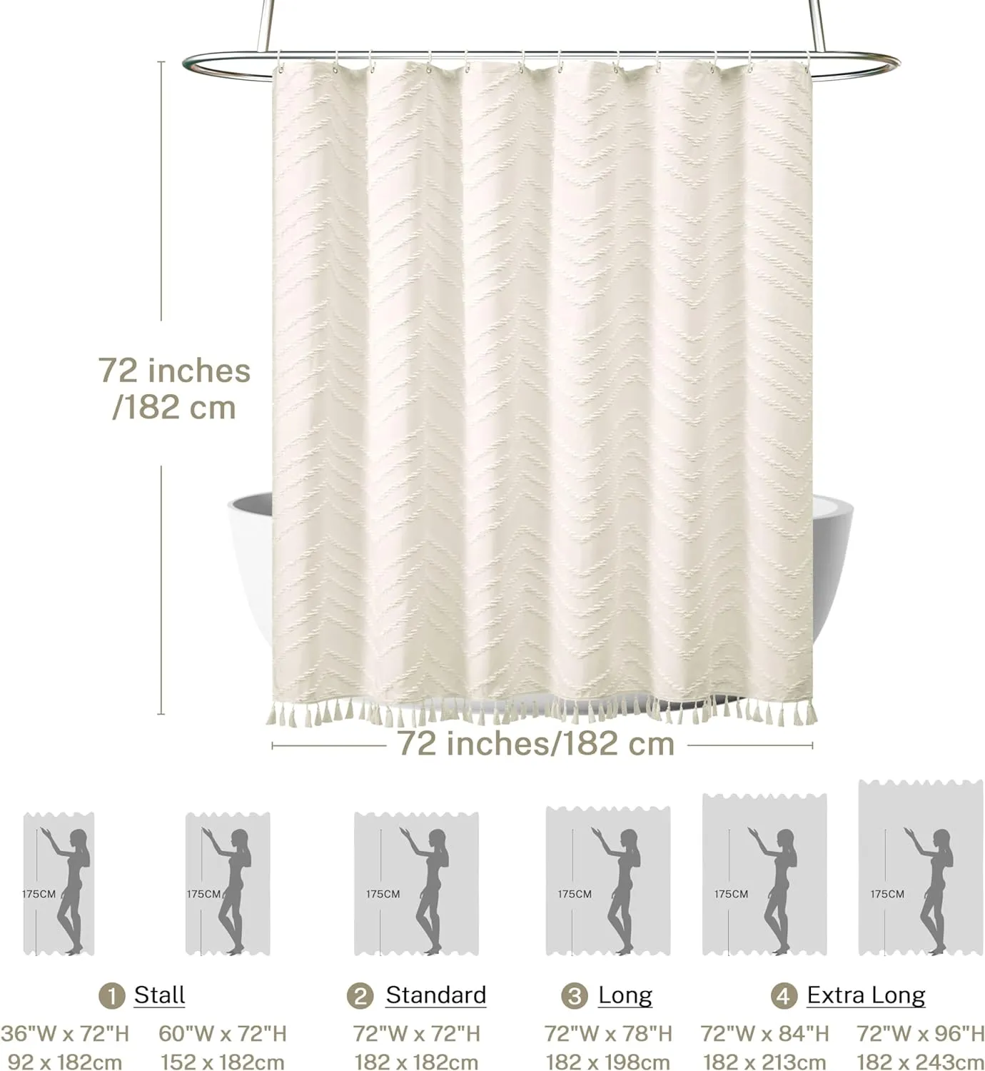 Boho Farmhouse Shower Curtain Woven Fabric Cute Cream Shower Curtain, 72 x 72 Tufted Chevron Textured Striped Modern Farmhouse Minimalist Shower Curtain for Bathroom