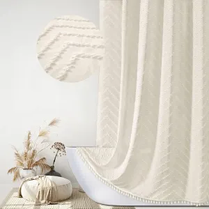 Boho Farmhouse Shower Curtain Woven Fabric Cute Cream Shower Curtain, 72 x 72 Tufted Chevron Textured Striped Modern Farmhouse Minimalist Shower Curtain for Bathroom