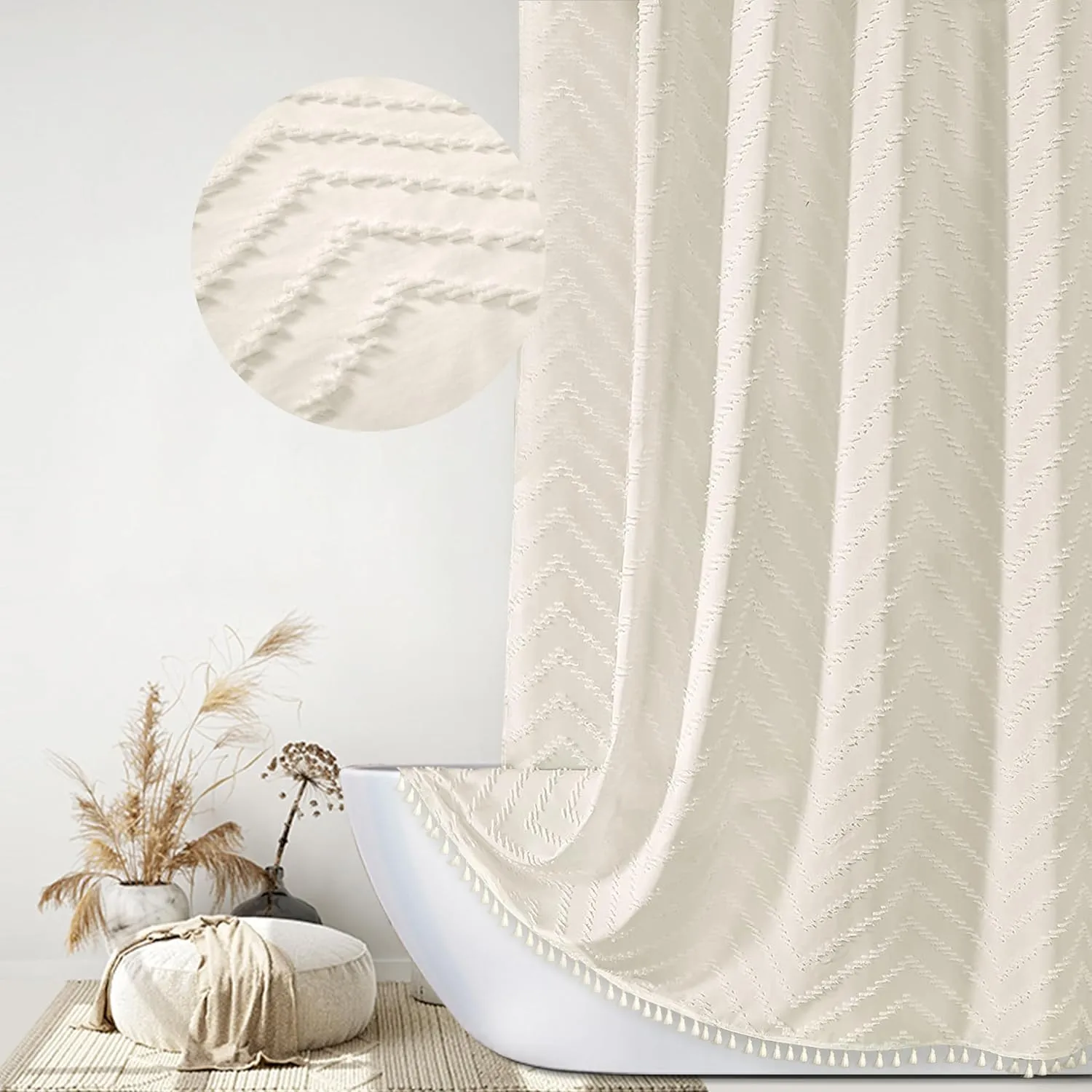 Boho Farmhouse Shower Curtain Woven Fabric Cute Cream Shower Curtain, 72 x 72 Tufted Chevron Textured Striped Modern Farmhouse Minimalist Shower Curtain for Bathroom